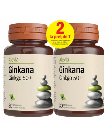 Pachet Ginkana Ginkgo 50 + , 30 comprimate, Alevia (1+1) - AFECTIUNI-ALE-CIRCULATIEI - ALEVIA