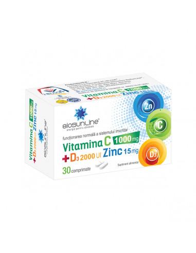 Vitamina C 1000 mg + D3 2000 UI + Zinc 15 mg, 30 comprimate, Helcor - VITAMINE-SI-MINERALE - AC HELCOR PHARMA SRL