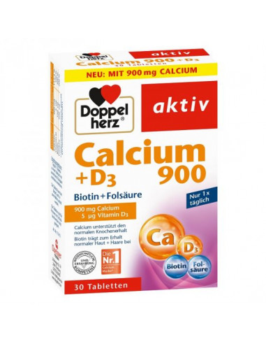 Calciu 900 mg + D3 + Biotina + Acid folic, 30 comprimate, Doppelherz - VITAMINE-PAR-PIELE-UNGHII - DOPPELHERZ