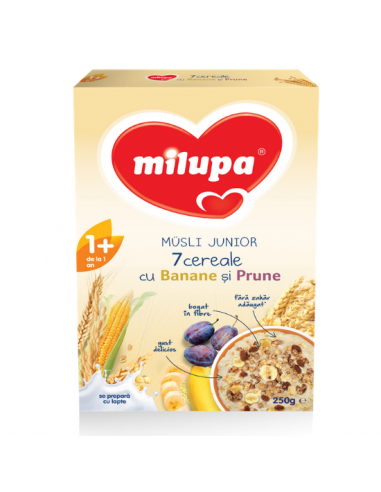 Cereale Musli Junior 7 cereale cu Banane si Prune, +1 an,  250g, Milupa - CEREALE-BISCUITI - MILUPA