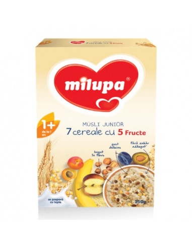 Cereale Musli Junior 7 cereale cu 5 fructe, +1 an, 250g, Milupa - CEREALE-BISCUITI - MILUPA