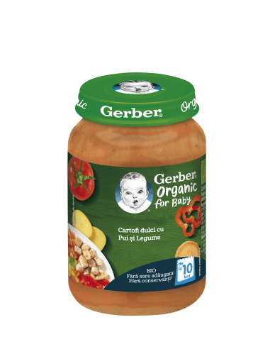 Piure Bio din cartofi dulci cu pui si legume, +10 luni, 190 g, Gerber - PIURE-BEBELUSI - GERBER