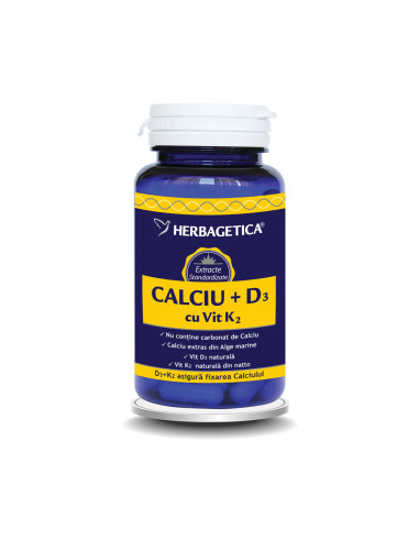 Calciu + D3 cu Vitamina K2, 30 capsule, Herbagetica - ARTICULATII-SI-SISTEM-OSOS - HERBAGETICA