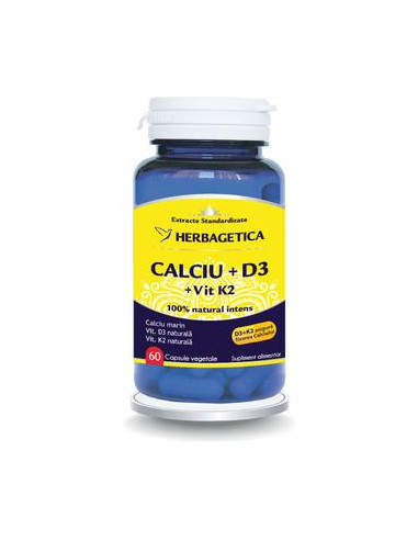 Calciu + D3 + Vitamina K2, 60 capsule, Herbagetica - ARTICULATII-SI-SISTEM-OSOS - HERBAGETICA