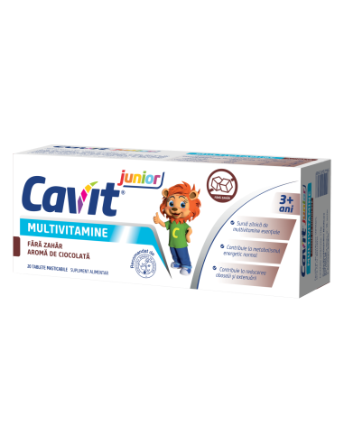 Cavit Junior Multivitamine fara zahar aroma ciocolata, 20 tablete masticabile, Biofarm - VITAMINE-SI-MINERALE - BIOFARM