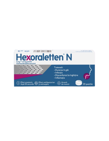 Hexoraletten N, 20 pastile, J&J - DURERE-DE-GAT - CILAG GMBH INTERNATIONAL DIVISIN JOHNSON&JOHNSON CONSUMER