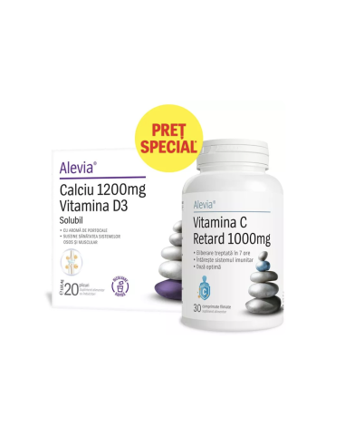 Calciu 1200 mg +Vitamina d3, 20 plicuri + Vitamina C Retard 1000 mg, 30 comprimate, Alevia -  - ALEVIA