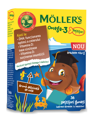 Moller's Pestisori gumati cu Omega-3 si aroma de cola, 36 jeleuri - MEMORIE-SI-CONCENTRARE - MOLLER'S