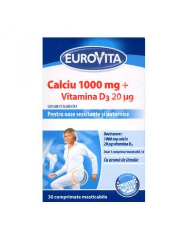 Calciu 1000mg + Vitamina D3 20ug, 30 comprimate, Eurovita - UZ-GENERAL - GSK SRL OMEGA PHARMA