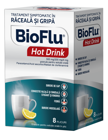 Bioflu Hot Drink 500mg/200mg/4mg, 8 plicuri, Biofarm -  - BIOFARM