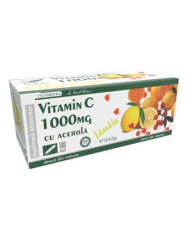 Vitamina C 1000 miligrame cu Acerola si Gust de Lamaie, 100 plicuri, Pro Natura -  - PRO NATURA
