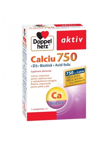 Calciu 750 Vitamina D3 Biotina Acid Folic, 30 comprimate, Doppelherz -  - DOPPELHERZ