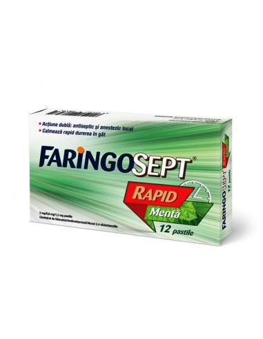 Faringosept Rapid 10mg cu aroma de menta, 12 comprimate, Terapia - DURERE-DE-GAT - TERAPIA