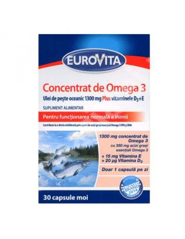Concentrat de Omega 3 ulei de peste 1300mg Plus Vit D3+E, 30 capsule, Eurovita - COLESTEROL - GSK SRL OMEGA PHARMA