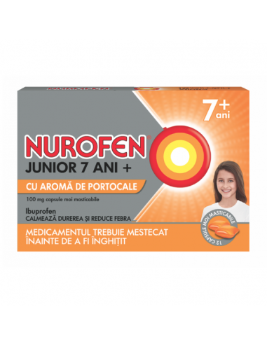 Nurofen Junior 100 mg cu aroma de portocale, 12 capsule, Reckitt - DURERE-SI-FEBRA - RECKITT BENCKISER HEALTHCARE