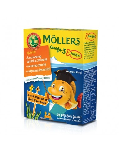 Moller's Pestisori gumati cu Omega-3 si aroma de lamai si portocale, 36 jeleuri - MEMORIE-SI-CONCENTRARE - MOLLER'S