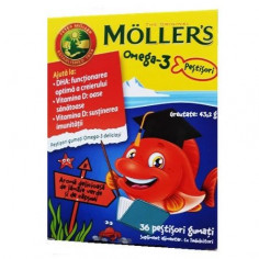 Moller's Pestisori gumati cu Omega-3 aroma de lamaie verde si capsuni, 36 jeleuri