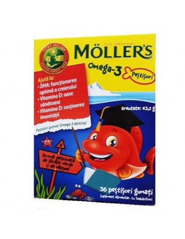 Moller's Pestisori gumati cu Omega-3 aroma de lamaie verde si capsuni, 36 jeleuri - MEMORIE-SI-CONCENTRARE - MOLLER'S