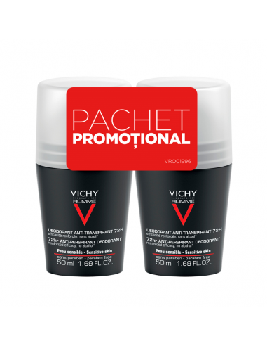 Pachet Deodorant roll-on antiperspirant control extrem pentru barbati 72h, 50 ml + 50 ml, Vichy Homme -  - VICHY