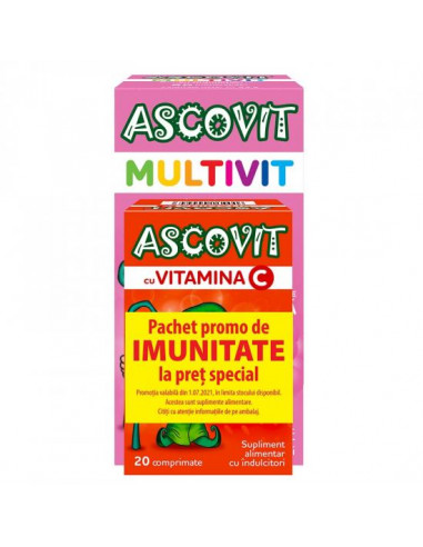 Pachet Ascovit Multivit cu aromă de zmeură , 60 comprimate + Ascovit cu Vitamina C aroma de capsuni, 20 comprimate, Omega Pharma - VITAMINE-SI-MINERALE - GSK SRL OMEGA PHARMA