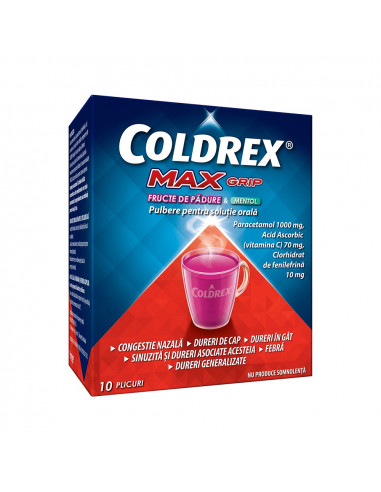 Coldrex Max Grip cu fructe de padure si mentol, 10 plicuri, Omega Pharma - RACEALA-GRIPA - GSK SRL OMEGA PHARMA